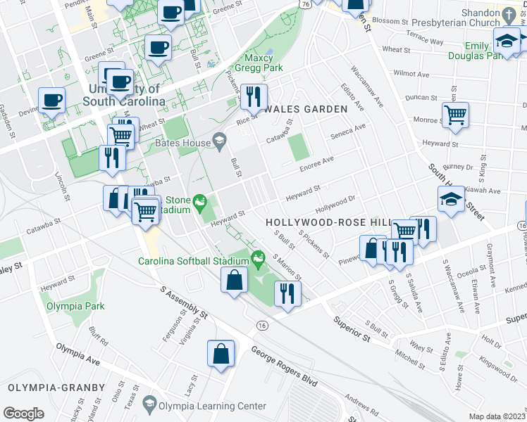 map of restaurants, bars, coffee shops, grocery stores, and more near 20 Hollywood Court in Columbia