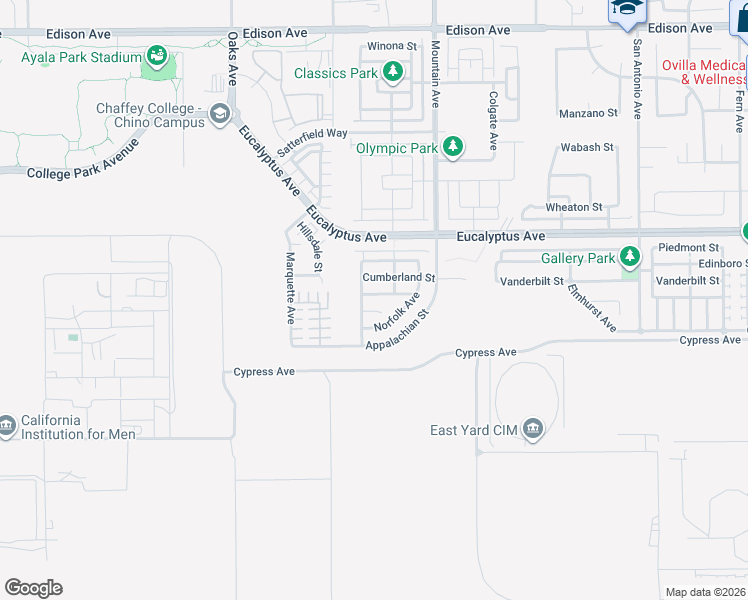 map of restaurants, bars, coffee shops, grocery stores, and more near 6175 Castleton Street in Chino