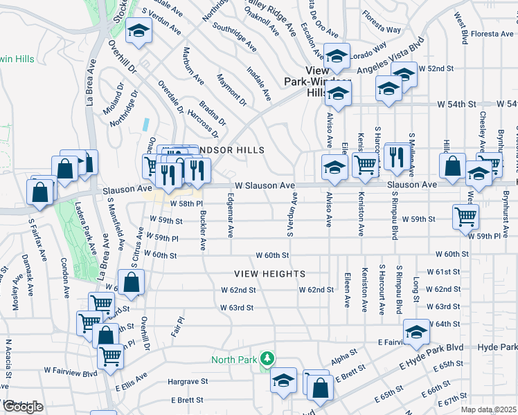map of restaurants, bars, coffee shops, grocery stores, and more near 4218 West 58th Place in Los Angeles