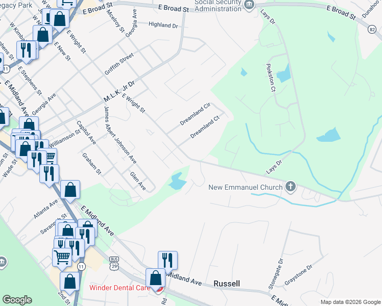 map of restaurants, bars, coffee shops, grocery stores, and more near 218 East Wright Street in Winder