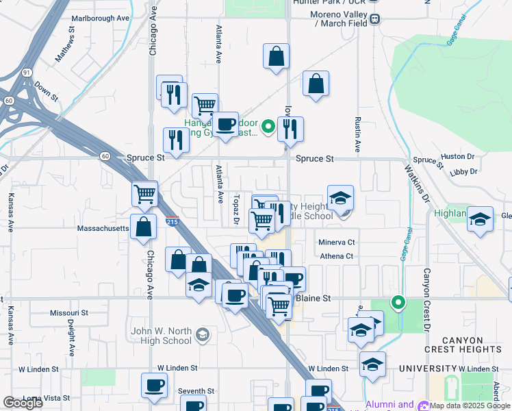 map of restaurants, bars, coffee shops, grocery stores, and more near 2621 Turquoise Street in Riverside