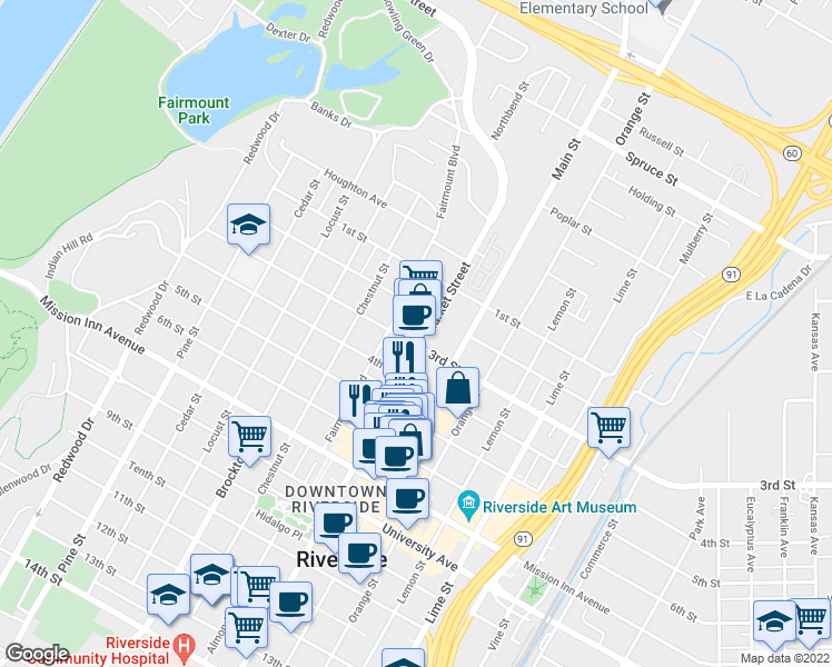 map of restaurants, bars, coffee shops, grocery stores, and more near 3189 Market Street in Riverside