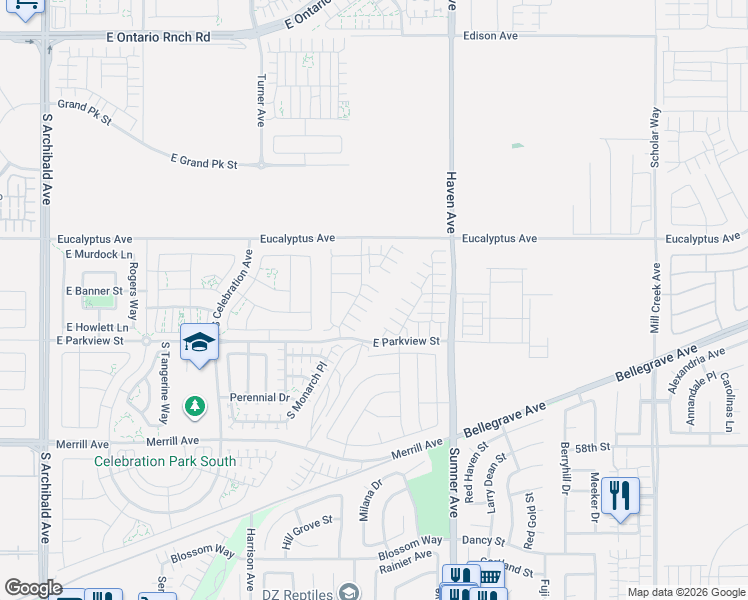 map of restaurants, bars, coffee shops, grocery stores, and more near 10333 Eucalyptus Avenue in Ontario