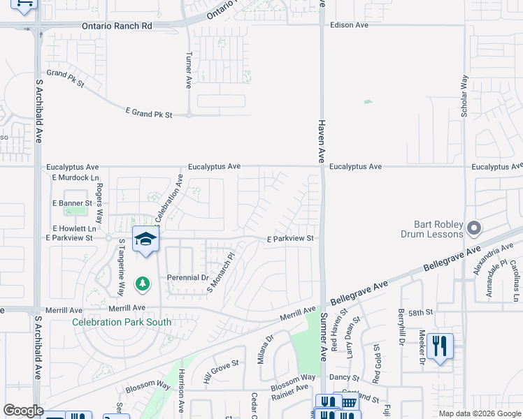 map of restaurants, bars, coffee shops, grocery stores, and more near 10333 Eucalyptus Avenue in Ontario