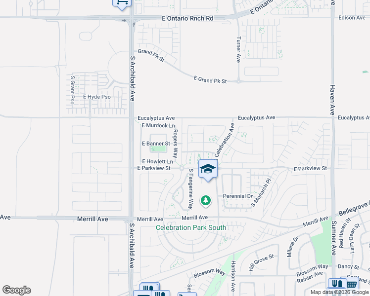map of restaurants, bars, coffee shops, grocery stores, and more near 9859 Eucalyptus Avenue in Ontario