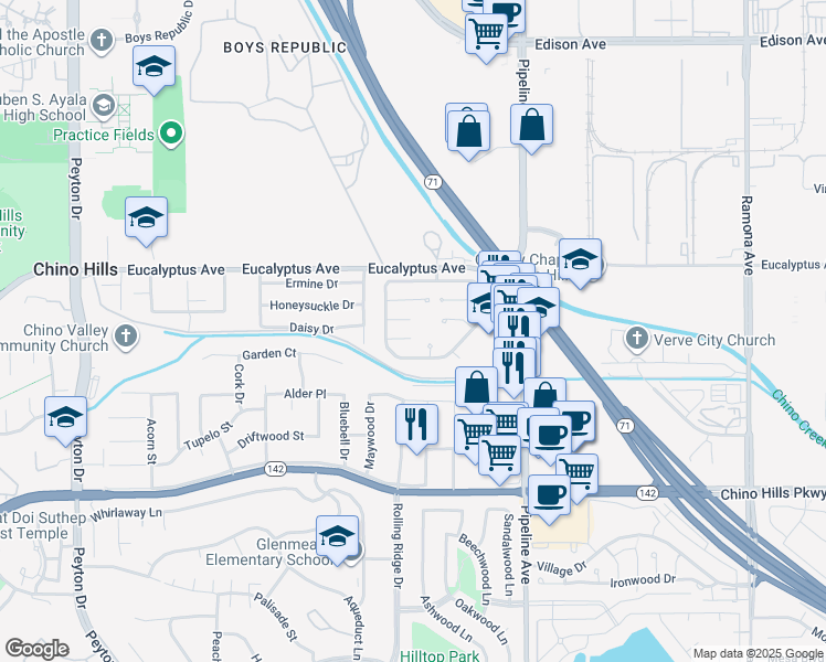 map of restaurants, bars, coffee shops, grocery stores, and more near 3887 Bryce Court in Chino