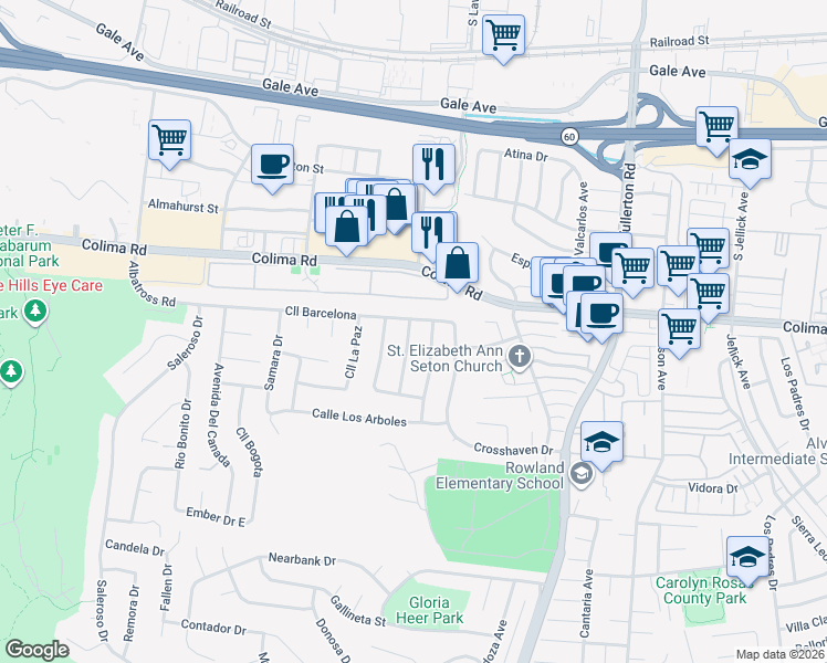 map of restaurants, bars, coffee shops, grocery stores, and more near 1808 Vía Entrada in Rowland Heights