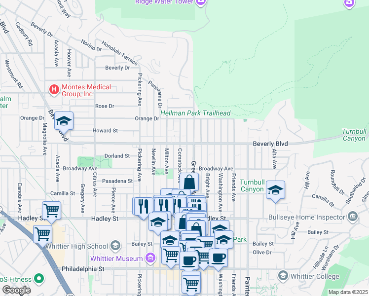 map of restaurants, bars, coffee shops, grocery stores, and more near 5849 Greenleaf Avenue in Whittier
