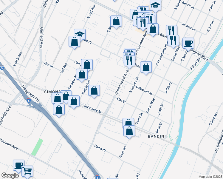 map of restaurants, bars, coffee shops, grocery stores, and more near 1341 Minson Way in Montebello