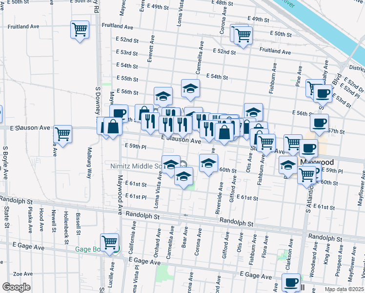map of restaurants, bars, coffee shops, grocery stores, and more near 3751 Slauson Avenue in Maywood