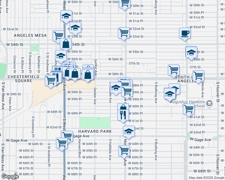 map of restaurants, bars, coffee shops, grocery stores, and more near 1449 West 58th Place in Los Angeles