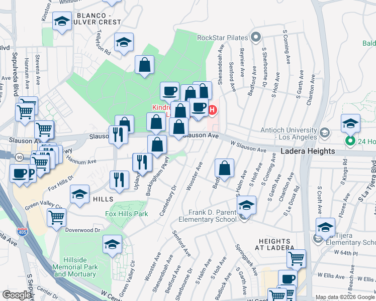 map of restaurants, bars, coffee shops, grocery stores, and more near 5629 Canterbury Drive in Culver City
