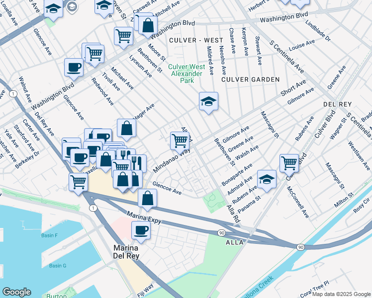 map of restaurants, bars, coffee shops, grocery stores, and more near in Los Angeles