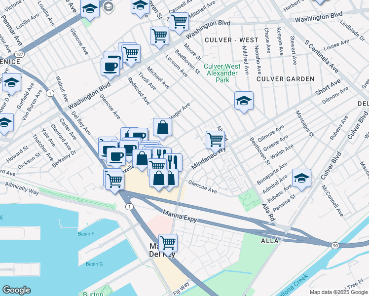 map of restaurants, bars, coffee shops, grocery stores, and more near 13150 Maxella Avenue in Marina del Rey