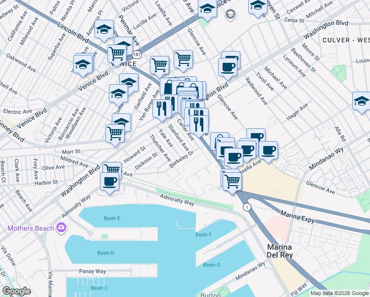 map of restaurants, bars, coffee shops, grocery stores, and more near 3104 Stanford Avenue in Marina del Rey