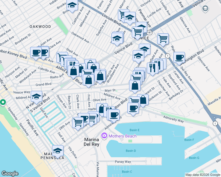 map of restaurants, bars, coffee shops, grocery stores, and more near 2500 Abbot Kinney Boulevard in Los Angeles