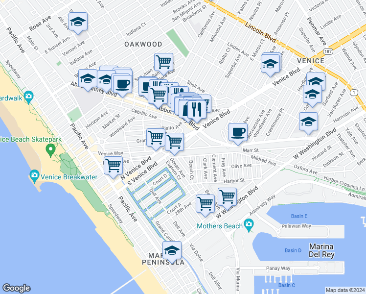 map of restaurants, bars, coffee shops, grocery stores, and more near 577 Venice Way in Los Angeles