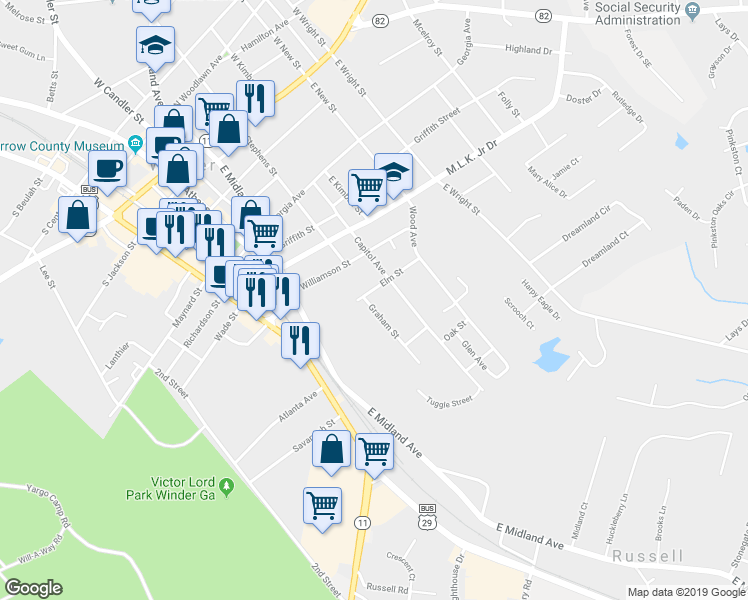 map of restaurants, bars, coffee shops, grocery stores, and more near 194 Graham Street in Winder