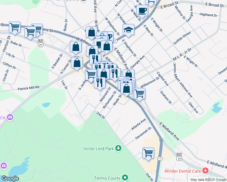 map of restaurants, bars, coffee shops, grocery stores, and more near 65 East May Street in Winder