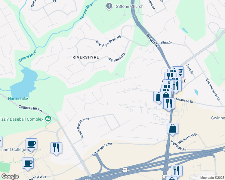 map of restaurants, bars, coffee shops, grocery stores, and more near 212 Swanson Drive in Lawrenceville