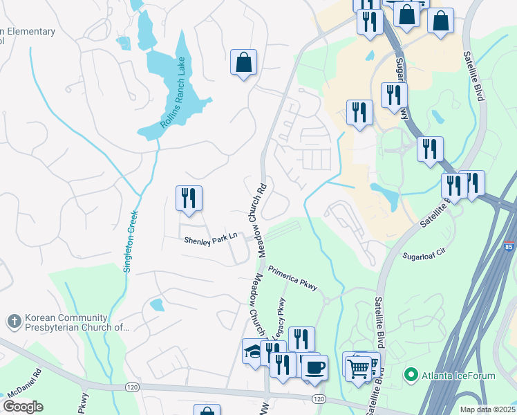map of restaurants, bars, coffee shops, grocery stores, and more near 2534 Meadow Church Road in Duluth