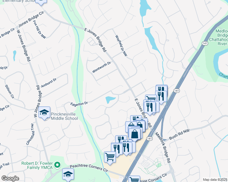 map of restaurants, bars, coffee shops, grocery stores, and more near 5170 Edgerton Drive Northwest in Norcross