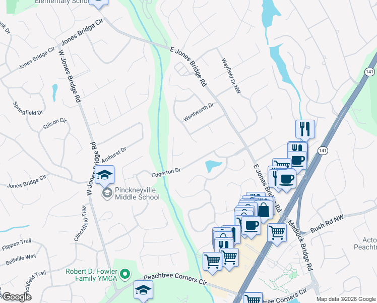 map of restaurants, bars, coffee shops, grocery stores, and more near 5276 Fern Park Court Northwest in Norcross