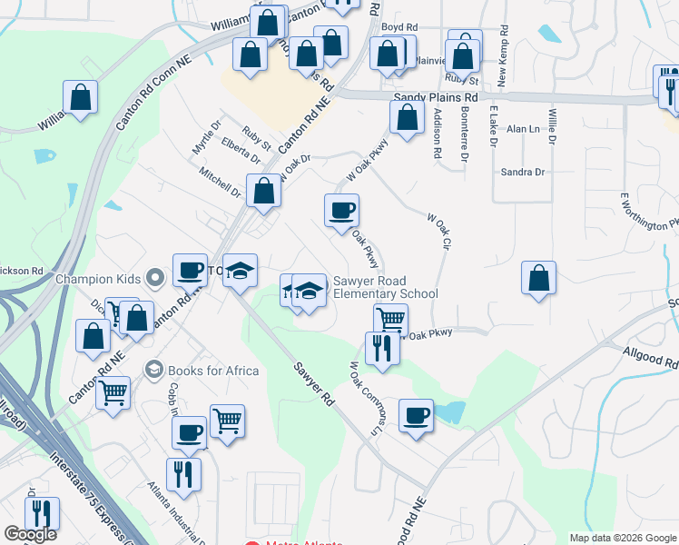 map of restaurants, bars, coffee shops, grocery stores, and more near 1831 West Oak Parkway in Marietta