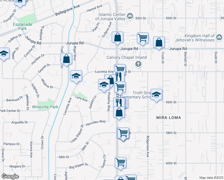 map of restaurants, bars, coffee shops, grocery stores, and more near 5510 Ptolemy Way in Jurupa Valley