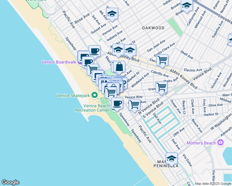 map of restaurants, bars, coffee shops, grocery stores, and more near 85 Market Street in Los Angeles