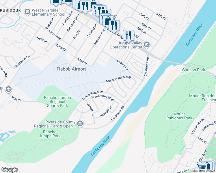 map of restaurants, bars, coffee shops, grocery stores, and more near 4144 Oldenburg Street in Riverside