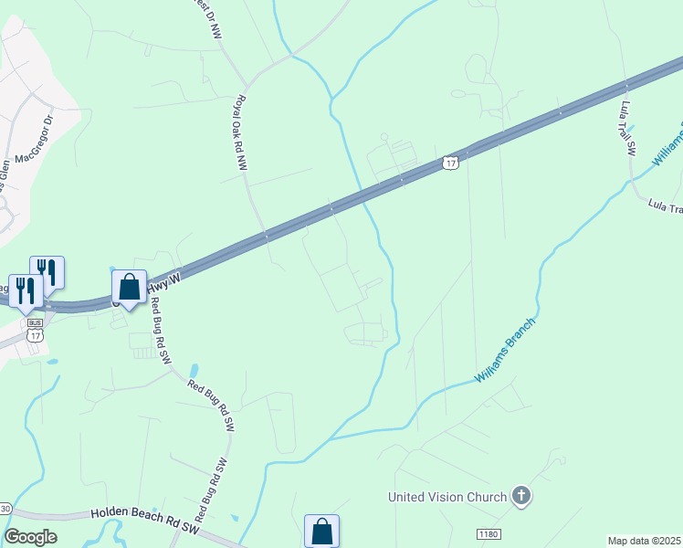 map of restaurants, bars, coffee shops, grocery stores, and more near 43 Cabrillo Road in Shallotte