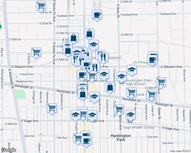 map of restaurants, bars, coffee shops, grocery stores, and more near 5962 Pacific Boulevard in Huntington Park