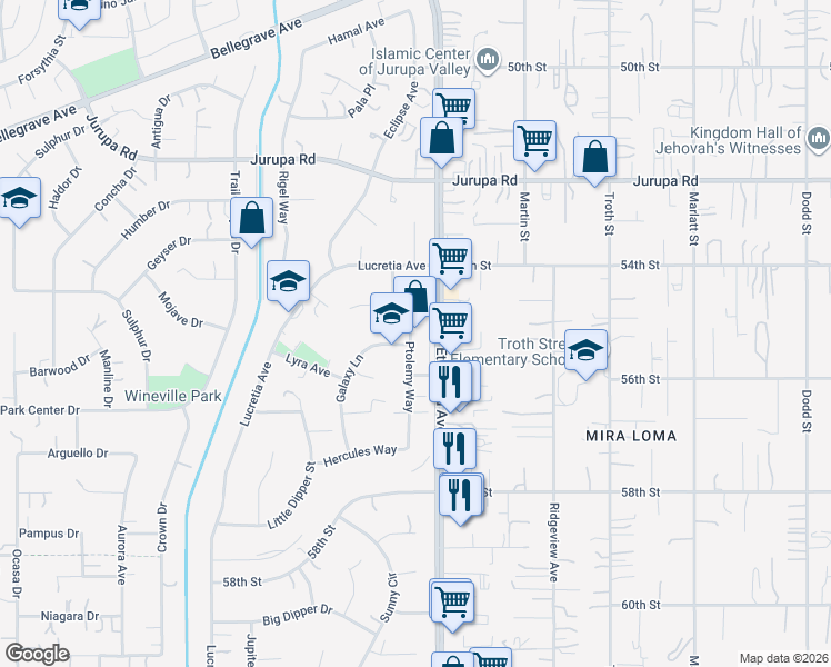 map of restaurants, bars, coffee shops, grocery stores, and more near 5510 Ptolemy Way in Jurupa Valley