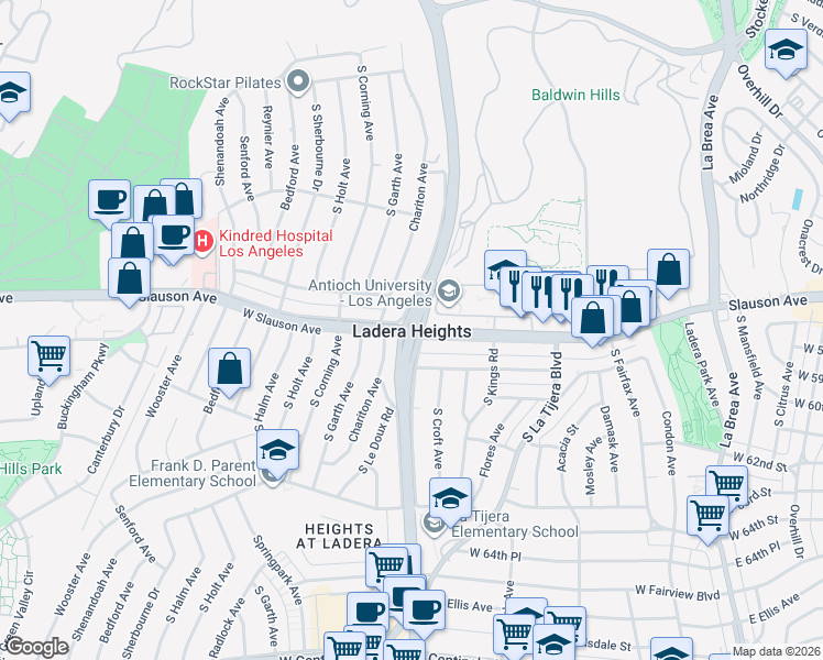 map of restaurants, bars, coffee shops, grocery stores, and more near 6104 South La Cienega Boulevard in Los Angeles