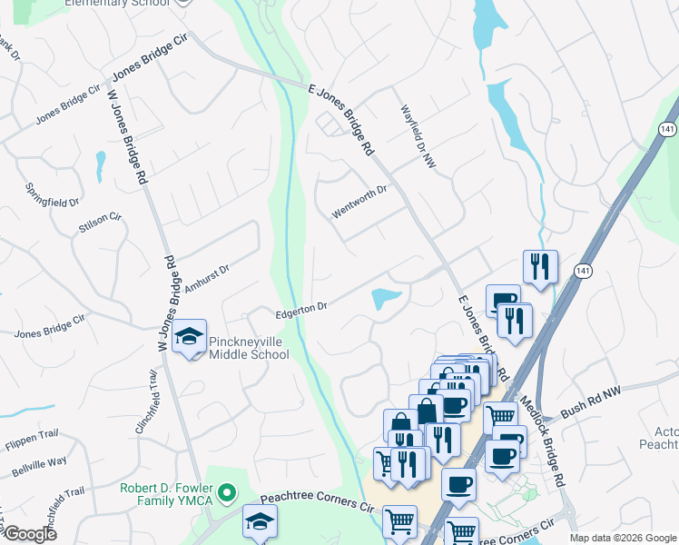 map of restaurants, bars, coffee shops, grocery stores, and more near 5276 Fern Park Court Northwest in Norcross