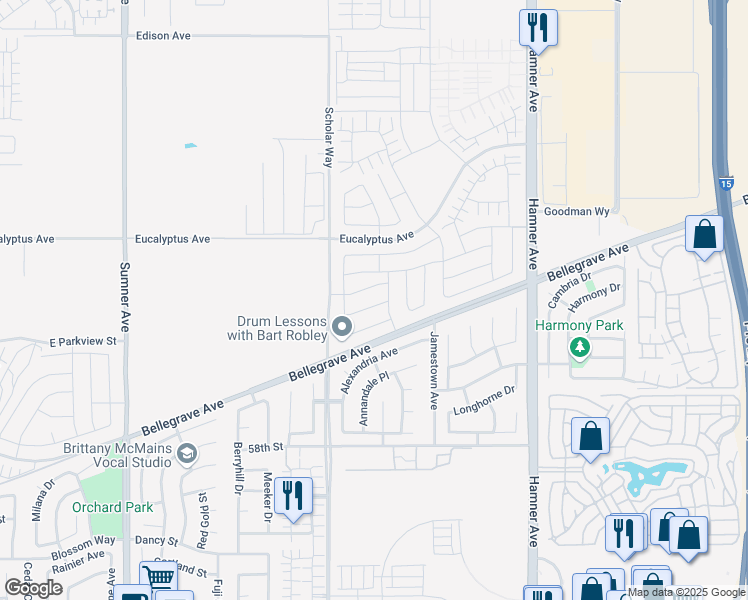 map of restaurants, bars, coffee shops, grocery stores, and more near 3977 East Colibri Privado in Ontario
