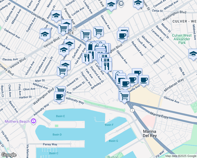 map of restaurants, bars, coffee shops, grocery stores, and more near 3125 Stanford Avenue in Marina del Rey