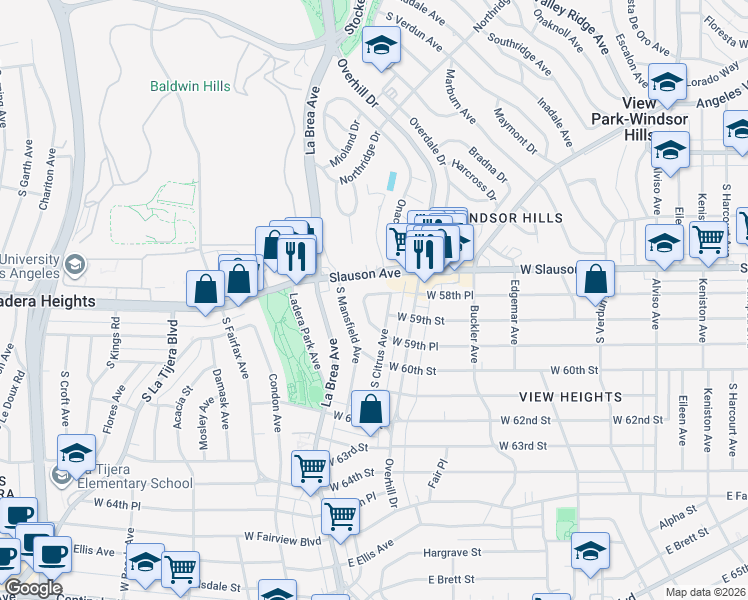map of restaurants, bars, coffee shops, grocery stores, and more near 4560 West Slauson Avenue in View Park-Windsor Hills