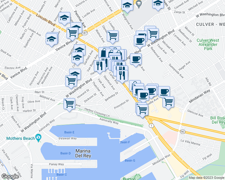 map of restaurants, bars, coffee shops, grocery stores, and more near 3125 Stanford Avenue in Marina del Rey