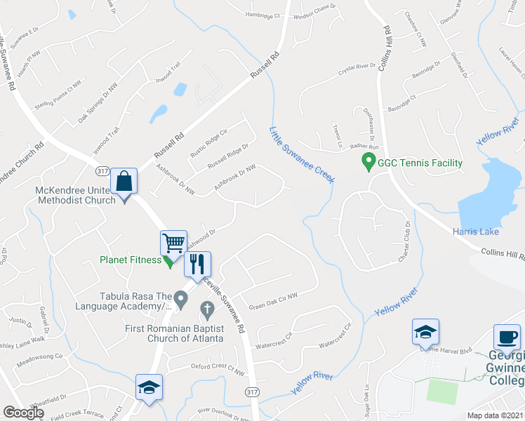 map of restaurants, bars, coffee shops, grocery stores, and more near 1219 Ashbrook Drive Northwest in Lawrenceville