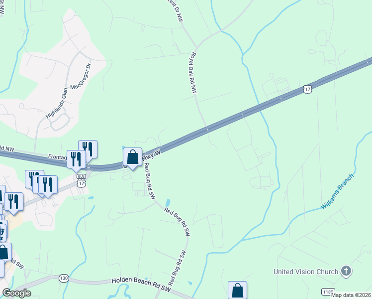 map of restaurants, bars, coffee shops, grocery stores, and more near 2597-2629 Ocean Hwy W in Shallotte