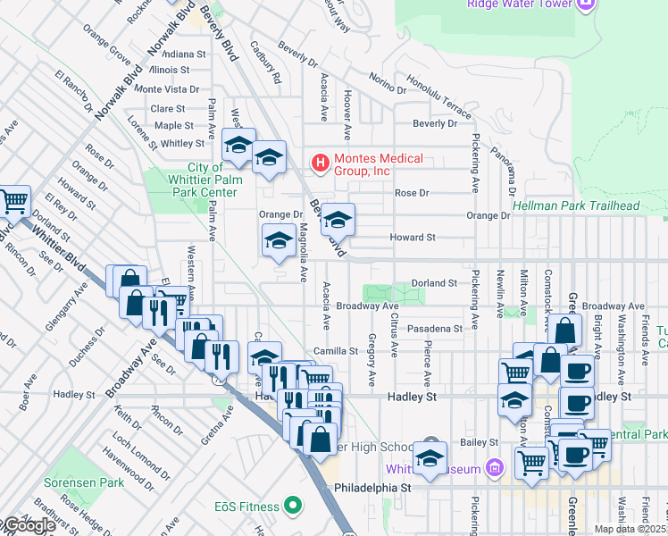 map of restaurants, bars, coffee shops, grocery stores, and more near 6008 Acacia Avenue in Whittier