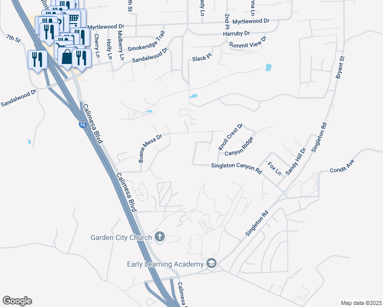 map of restaurants, bars, coffee shops, grocery stores, and more near 143 Parkview Drive in Calimesa