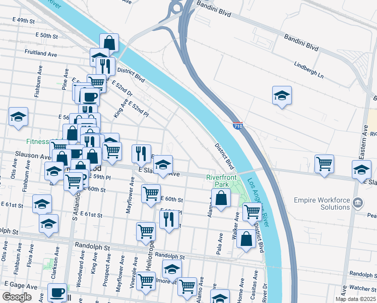 map of restaurants, bars, coffee shops, grocery stores, and more near 4885 East 52nd Place in Vernon