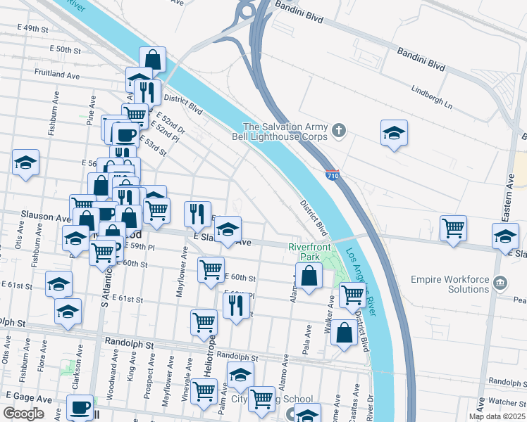 map of restaurants, bars, coffee shops, grocery stores, and more near 4885 East 52nd Place in Vernon