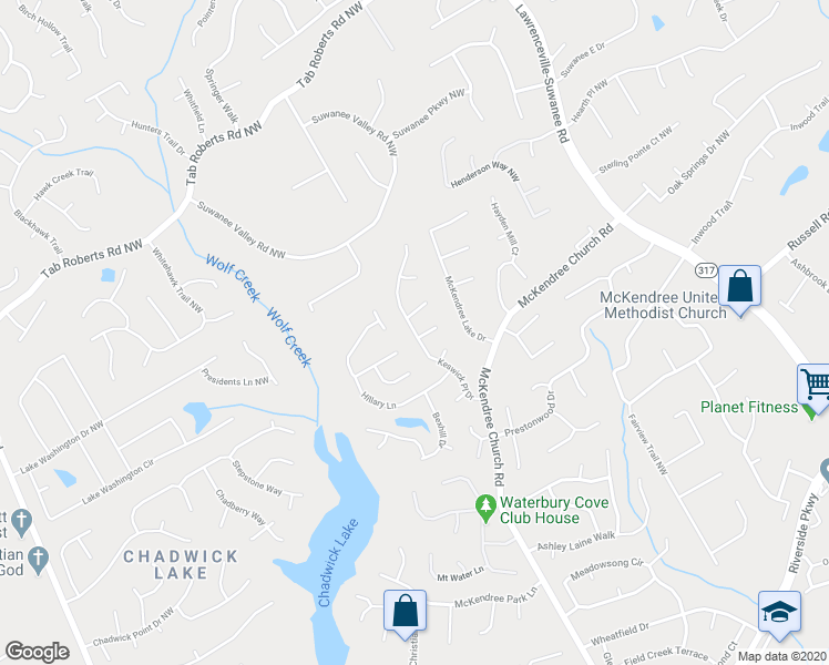 map of restaurants, bars, coffee shops, grocery stores, and more near Keswick Place Drive in Lawrenceville