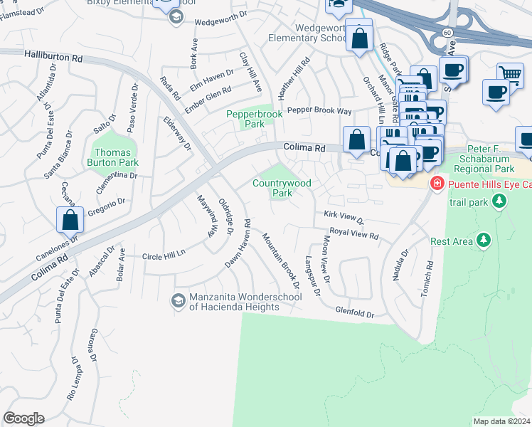 map of restaurants, bars, coffee shops, grocery stores, and more near 2015 Clear River Lane in Hacienda Heights