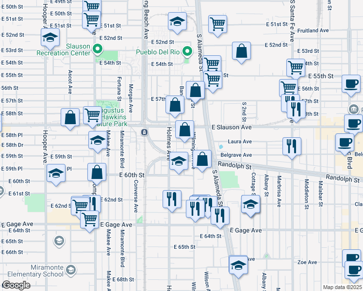 map of restaurants, bars, coffee shops, grocery stores, and more near 1819 East 58th Place in Los Angeles
