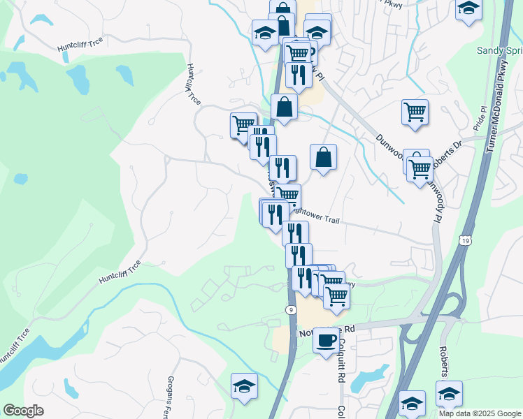 map of restaurants, bars, coffee shops, grocery stores, and more near 8592 Roswell Road Northeast in Sandy Springs